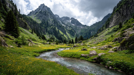 A photograph of Alpine mountains 300 with alpine valley with winding river, alpine streams, alpine...