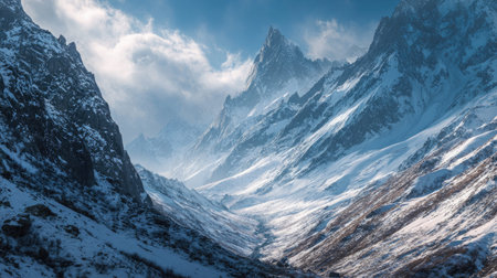 A photograph of Alpine mountains 42 with alpine valley with waterfall, rocky mountain slopes, snowy...