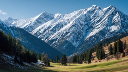 A photograph of Alpine mountains 381 with alpine mountain slopes, alpine grass meadows, snowy alpine...