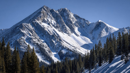 A photograph of Alpine mountains 71 with rugged alpine ridge line, spruce tree forest, snowy alpine...
