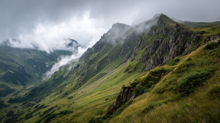 A photograph of Alpine mountains 40 with alpine ridge above clouds, alpine cliff vegetation, green...