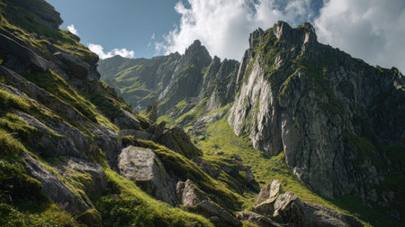 A photograph of Alpine mountains 427 with dramatic alpine cliffs, moss covered rocks, green alpine...