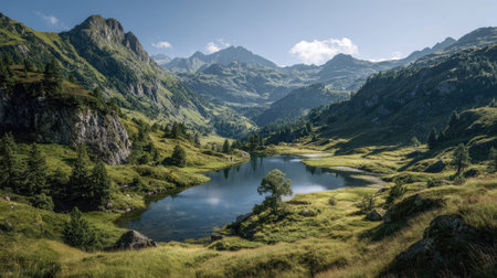 A photograph of Alpine mountains 22 with alpine mountains surrounding lake, alpine hillside meadows,...