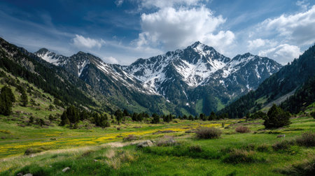A photograph of Alpine mountains 458 with snow capped alpine peaks, alpine grass meadows, alpine...