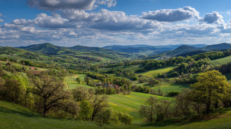 A photograph of Central European countryside with countryside valley landscape, oak tree groves,...