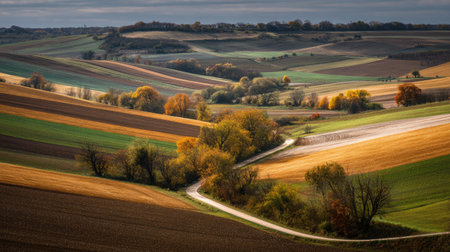 A photograph of Central European countryside 393 with agricultural landscape with patchwork fields,...