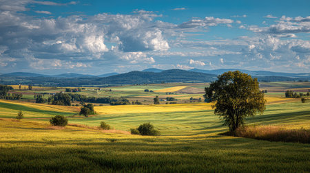 A photograph of Central European countryside 107 with rural countryside panorama, green barley...