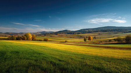 A photograph of Central European countryside with central european farmland, grassy meadow fields,...
