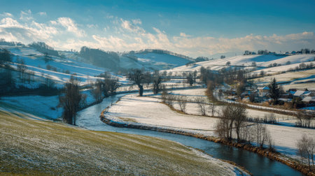 A photograph of Central European countryside with rural valley with winding stream, sunlit farmland...