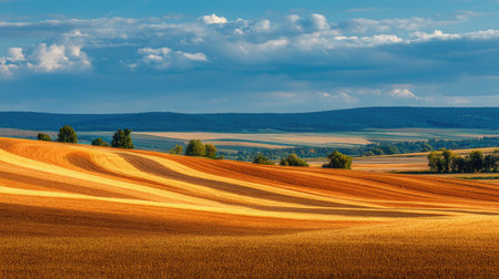 A photograph of Central European countryside with agricultural landscape with patchwork fields,...