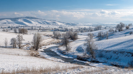 A photograph of Central European countryside 259 with rural valley with winding stream, wind shaped rural trees, snowy countryside winter, ultra realistic landscape photography, wide angle lens, natural colors, clean composition, no peopleの写真素材