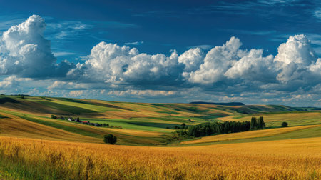 A photograph of Central European countryside with countryside plateau with farms, golden wheat...