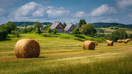 A photograph of Central European countryside with rural landscape with farmhouses, hay bales, green...