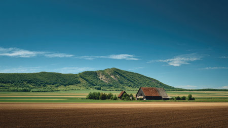 A photograph of Central European countryside 15 with agricultural landscape with barns, farmland...