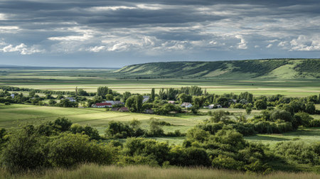 A photograph of Central European countryside with countryside plateau with farms, countryside...