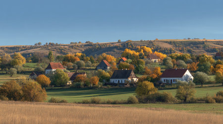 A photograph of Central European countryside with rural landscape with farmhouses, pear orchard...