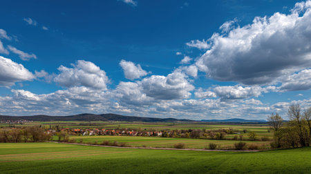 A photograph of Central European countryside with countryside fields with distant village, tree lined country roads, fresh countryside spring, ultra realistic landscape photography, wide angle lens, natural colors, clean composition, no peopleの写真素材