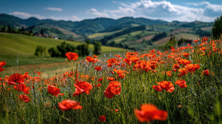 A photograph of Central European countryside with distant hills, wild poppy flowers, fresh spring...