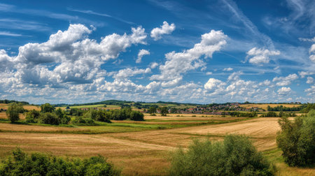 A photograph of Central European countryside with countryside fields with distant village, rural...