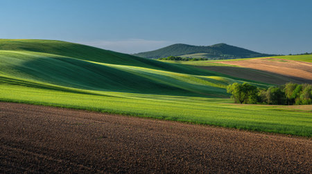 A photograph of Central European countryside 361 with countryside plateau with farms, farmland soil...