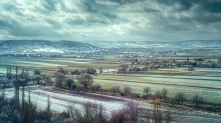 A photograph of Central European countryside 379 with patchwork agricultural fields, orchard fruit...