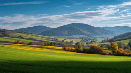 A photograph of Central European countryside 103 with farmland hills under wide sky, village garden...