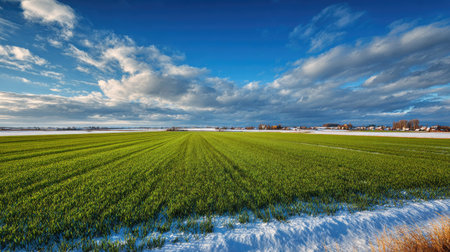 A photograph of Central European countryside with farmland stretching to horizon, green barley...