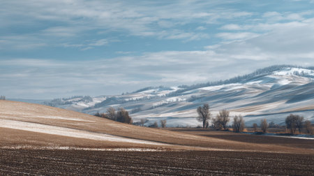 A photograph of Central European countryside with farmland basin with rolling hills, scattered...