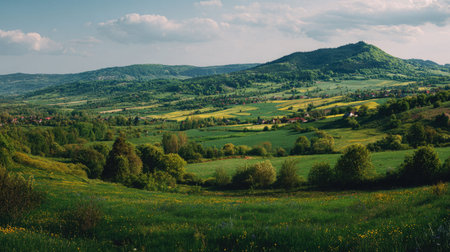 A photograph of Central European countryside with rural landscape with scattered villages, country...
