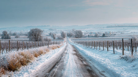 A photograph of Central European countryside with farmland with country road, vineyard rows, snowy...