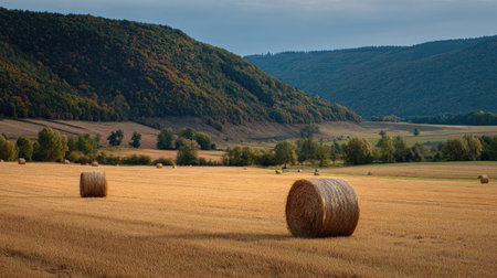 A photograph of Central European countryside with farmland hills with tree lines, rural hay bales,...