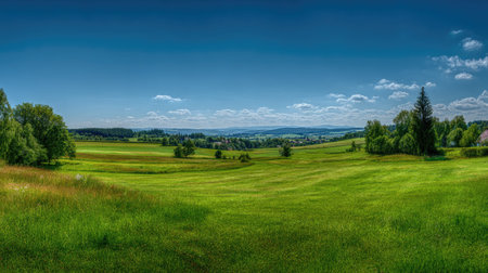 A photograph of Central European countryside 231 with rural countryside panorama, grassy meadow...