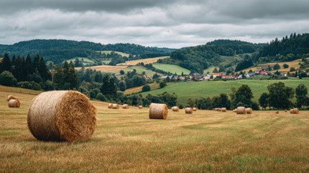 A photograph of Central European countryside with rural landscape with farmhouses, rural hay bales,...