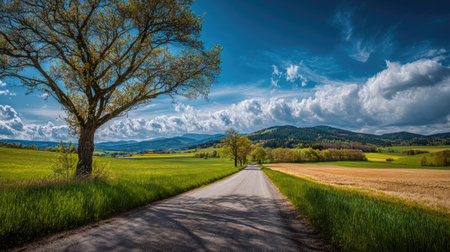 A photograph of Central European countryside with distant hills, tree lined country roads, fresh spring landscape, ultra realistic landscape photography, wide angle lens, natural colors, clean composition, no peopleの写真素材