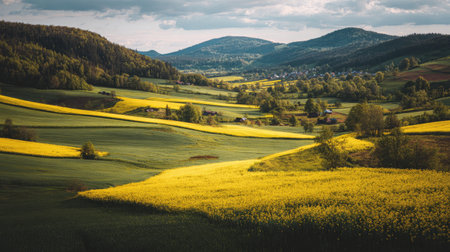 A photograph of Central European countryside with countryside plateau with farms, yellow rapeseed...