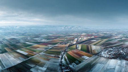 A photograph of Central European countryside with patchwork agricultural fields, orchard fruit...