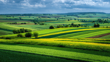 A photograph of Central European countryside with patchwork agricultural fields, meadow clover...