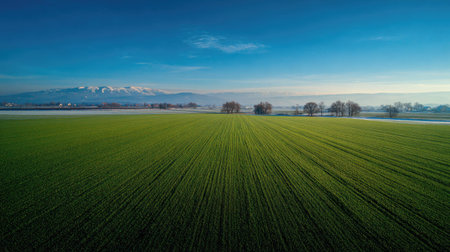 A photograph of Central European countryside with farmland stretching to horizon, green barley...