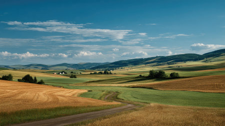 A photograph of Central European countryside 361 with countryside plateau with farms, farmland soil...