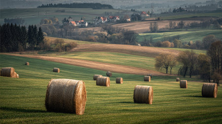 A photograph of Central European countryside 298 with countryside plateau with farms, rural hay...
