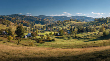 A photograph of Central European countryside with countryside plateau with farms, grassy hillside...