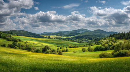 A photograph of Central European countryside with countryside meadow valley, meadow clover flowers,...