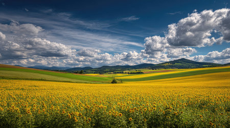 A photograph of Central European countryside with farmland hills under wide sky, sunflower fields,...