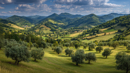 A photograph of Central European countryside with rural hills, scattered farms, pear orchard trees,...
