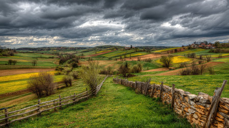 A photograph of Central European countryside with agricultural landscape with patchwork fields,...