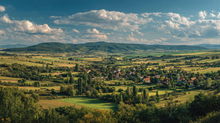 A photograph of Central European countryside with village surrounded by fields, scattered countryside trees, green countryside summer, ultra realistic landscape photography, wide angle lens, natural colors, clean composition, no peopleの写真素材