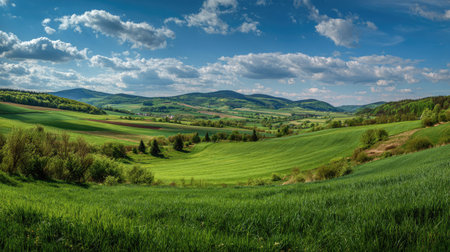 A photograph of Central European countryside with rural farmland basin, grassy meadow fields, fresh...