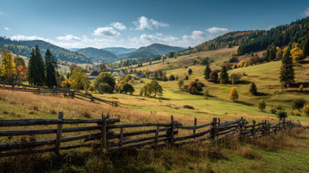 A photograph of Central European countryside 179 with countryside meadow valley, wooden farm fences, golden countryside autumn, ultra realistic landscape photography, wide angle lens, natural colors, clean composition, no peopleの写真素材