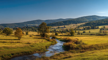 A photograph of Central European countryside 172 with farmland hills with tree lines, small...