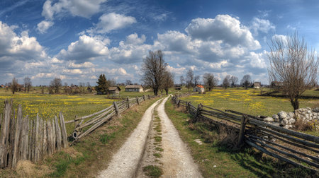 A photograph of Central European countryside with old farm road, stone farm fences, fresh...